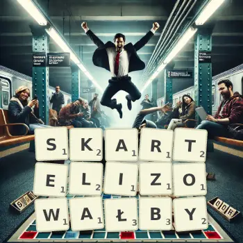 Kreatywna ilustracja do gry w Scrabble ze słowem SKARTELIZOWAŁBY ułożonym z płytek na planszy.