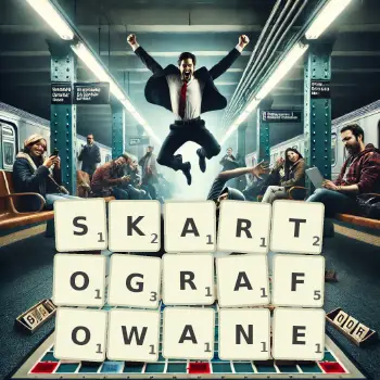 Kreatywna ilustracja do gry w Scrabble ze słowem SKARTOGRAFOWANE ułożonym z płytek na planszy.