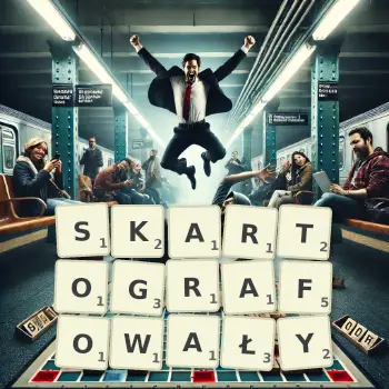 Kreatywna ilustracja do gry w Scrabble ze słowem SKARTOGRAFOWAŁY ułożonym z płytek na planszy.
