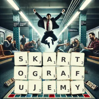 Kreatywna ilustracja do gry w Scrabble ze słowem SKARTOGRAFUJEMY ułożonym z płytek na planszy.