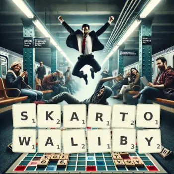 Kreatywna ilustracja do gry w Scrabble ze słowem SKARTOWALIBY ułożonym z płytek na planszy.