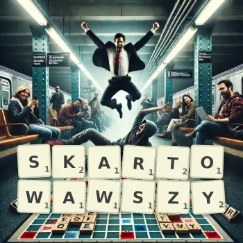 Kreatywna ilustracja do gry w Scrabble ze słowem SKARTOWAWSZY ułożonym z płytek na planszy.