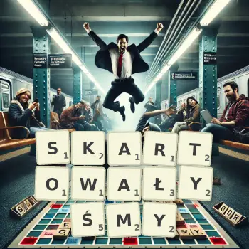 Kreatywna ilustracja do gry w Scrabble ze słowem SKARTOWAŁYŚMY ułożonym z płytek na planszy.