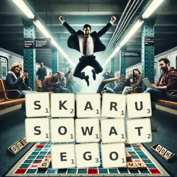 Kreatywna ilustracja do gry w Scrabble ze słowem SKARUSOWATEGO ułożonym z płytek na planszy.