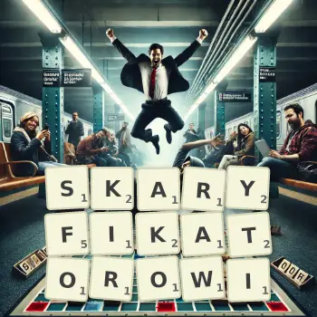 Kreatywna ilustracja do gry w Scrabble ze słowem SKARYFIKATOROWI ułożonym z płytek na planszy.