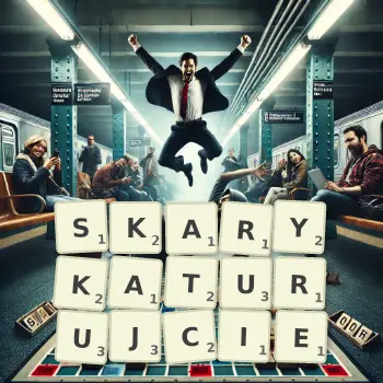 Kreatywna ilustracja do gry w Scrabble ze słowem SKARYKATURUJCIE ułożonym z płytek na planszy.