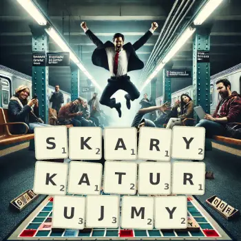 Kreatywna ilustracja do gry w Scrabble ze słowem SKARYKATURUJMY ułożonym z płytek na planszy.