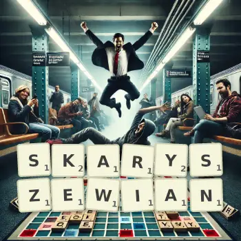 Kreatywna ilustracja do gry w Scrabble ze słowem SKARYSZEWIAN ułożonym z płytek na planszy.