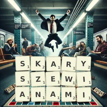 Kreatywna ilustracja do gry w Scrabble ze słowem SKARYSZEWIANAMI ułożonym z płytek na planszy.