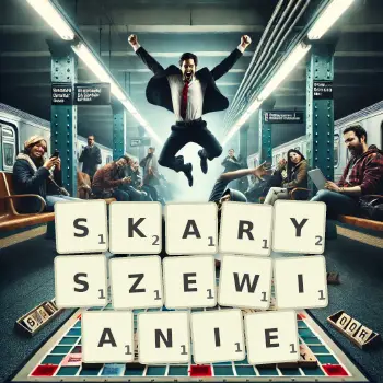 Kreatywna ilustracja do gry w Scrabble ze słowem SKARYSZEWIANIE ułożonym z płytek na planszy.