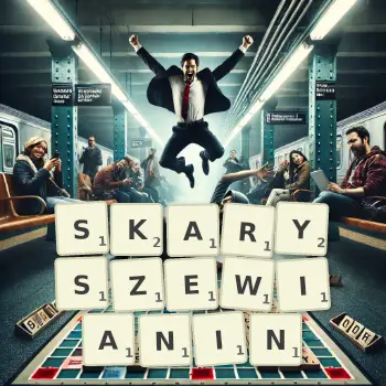 Kreatywna ilustracja do gry w Scrabble ze słowem SKARYSZEWIANIN ułożonym z płytek na planszy.