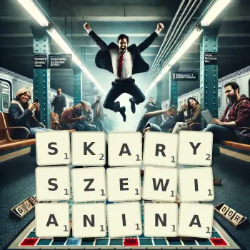 Kreatywna ilustracja do gry w Scrabble ze słowem SKARYSZEWIANINA ułożonym z płytek na planszy.