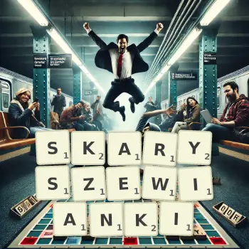 Kreatywna ilustracja do gry w Scrabble ze słowem SKARYSZEWIANKI ułożonym z płytek na planszy.