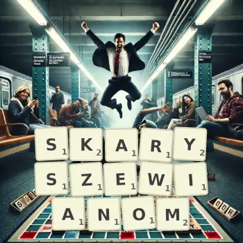 Kreatywna ilustracja do gry w Scrabble ze słowem SKARYSZEWIANOM ułożonym z płytek na planszy.