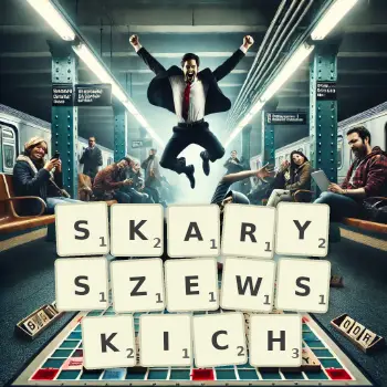 Kreatywna ilustracja do gry w Scrabble ze słowem SKARYSZEWSKICH ułożonym z płytek na planszy.