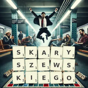Kreatywna ilustracja do gry w Scrabble ze słowem SKARYSZEWSKIEGO ułożonym z płytek na planszy.