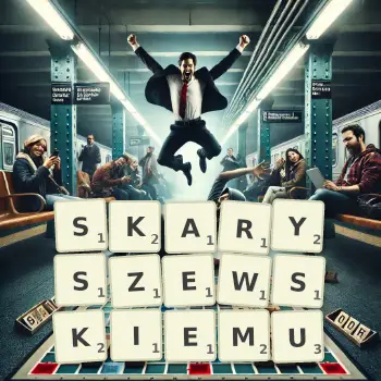 Kreatywna ilustracja do gry w Scrabble ze słowem SKARYSZEWSKIEMU ułożonym z płytek na planszy.