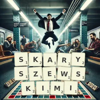 Kreatywna ilustracja do gry w Scrabble ze słowem SKARYSZEWSKIMI ułożonym z płytek na planszy.