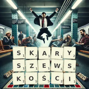Kreatywna ilustracja do gry w Scrabble ze słowem SKARYSZEWSKOŚCI ułożonym z płytek na planszy.