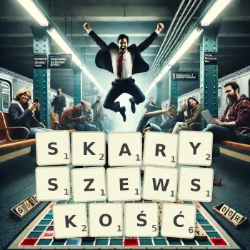 Kreatywna ilustracja do gry w Scrabble ze słowem SKARYSZEWSKOŚĆ ułożonym z płytek na planszy.