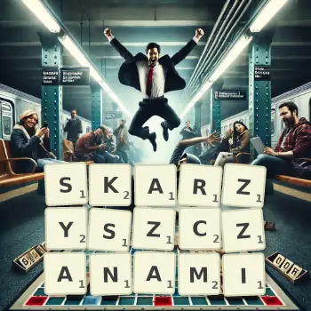 Kreatywna ilustracja do gry w Scrabble ze słowem SKARZYSZCZANAMI ułożonym z płytek na planszy.