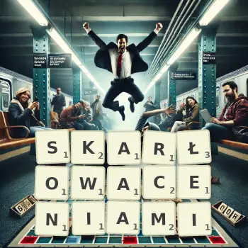 Kreatywna ilustracja do gry w Scrabble ze słowem SKARŁOWACENIAMI ułożonym z płytek na planszy.