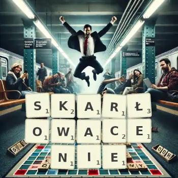 Kreatywna ilustracja do gry w Scrabble ze słowem SKARŁOWACENIE ułożonym z płytek na planszy.