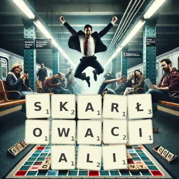 Kreatywna ilustracja do gry w Scrabble ze słowem SKARŁOWACIALI ułożonym z płytek na planszy.