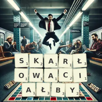 Kreatywna ilustracja do gry w Scrabble ze słowem SKARŁOWACIAŁBY ułożonym z płytek na planszy.