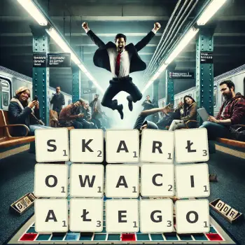 Kreatywna ilustracja do gry w Scrabble ze słowem SKARŁOWACIAŁEGO ułożonym z płytek na planszy.