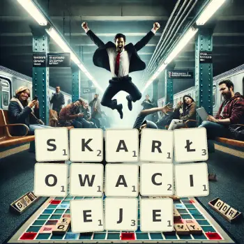 Kreatywna ilustracja do gry w Scrabble ze słowem SKARŁOWACIEJE ułożonym z płytek na planszy.
