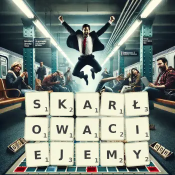 Kreatywna ilustracja do gry w Scrabble ze słowem SKARŁOWACIEJEMY ułożonym z płytek na planszy.