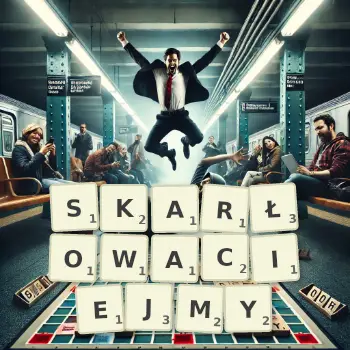 Kreatywna ilustracja do gry w Scrabble ze słowem SKARŁOWACIEJMY ułożonym z płytek na planszy.