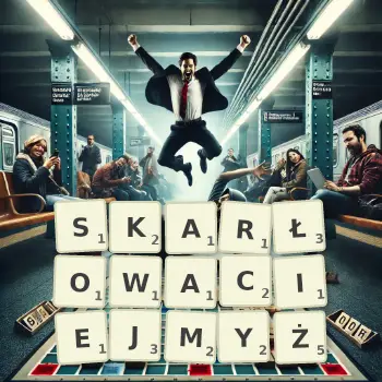 Kreatywna ilustracja do gry w Scrabble ze słowem SKARŁOWACIEJMYŻ ułożonym z płytek na planszy.