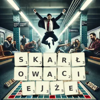 Kreatywna ilustracja do gry w Scrabble ze słowem SKARŁOWACIEJŻE ułożonym z płytek na planszy.