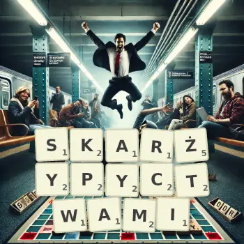 Kreatywna ilustracja do gry w Scrabble ze słowem SKARŻYPYCTWAMI ułożonym z płytek na planszy.