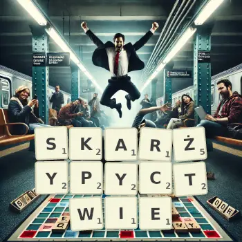 Kreatywna ilustracja do gry w Scrabble ze słowem SKARŻYPYCTWIE ułożonym z płytek na planszy.