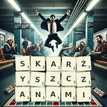Kreatywna ilustracja do gry w Scrabble ze słowem SKARŻYSZCZANAMI ułożonym z płytek na planszy.