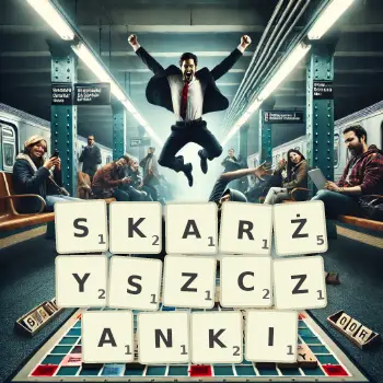 Kreatywna ilustracja do gry w Scrabble ze słowem SKARŻYSZCZANKI ułożonym z płytek na planszy.