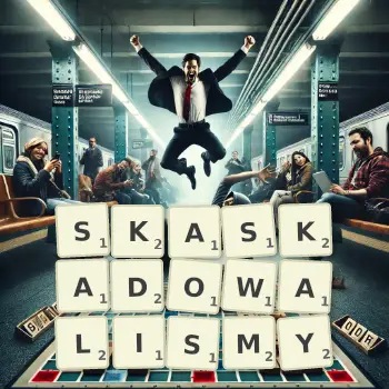 Kreatywna ilustracja do gry w Scrabble ze słowem SKASKADOWALISMY ułożonym z płytek na planszy.