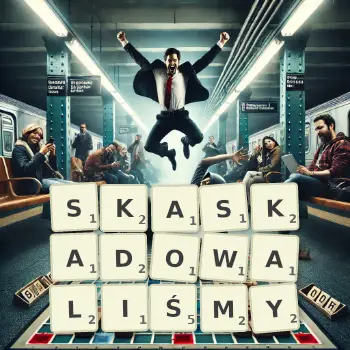 Kreatywna ilustracja do gry w Scrabble ze słowem SKASKADOWALIŚMY ułożonym z płytek na planszy.