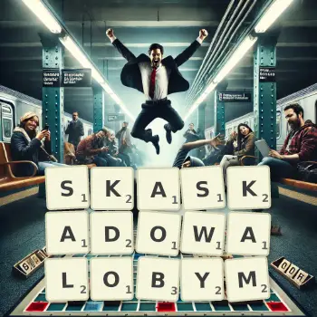 Kreatywna ilustracja do gry w Scrabble ze słowem SKASKADOWALOBYM ułożonym z płytek na planszy.