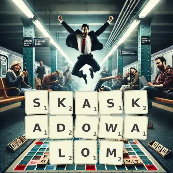 Kreatywna ilustracja do gry w Scrabble ze słowem SKASKADOWALOM ułożonym z płytek na planszy.