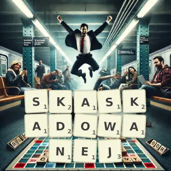 Kreatywna ilustracja do gry w Scrabble ze słowem SKASKADOWANEJ ułożonym z płytek na planszy.
