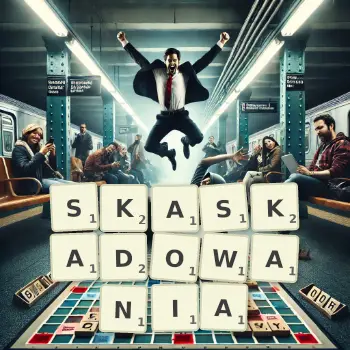 Kreatywna ilustracja do gry w Scrabble ze słowem SKASKADOWANIA ułożonym z płytek na planszy.