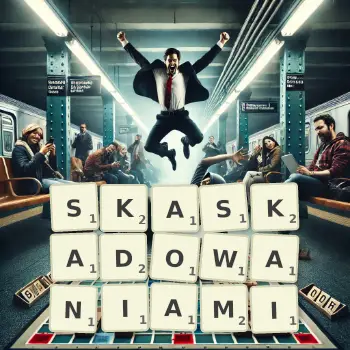 Kreatywna ilustracja do gry w Scrabble ze słowem SKASKADOWANIAMI ułożonym z płytek na planszy.