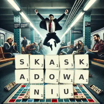 Kreatywna ilustracja do gry w Scrabble ze słowem SKASKADOWANIU ułożonym z płytek na planszy.
