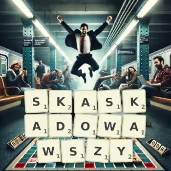 Kreatywna ilustracja do gry w Scrabble ze słowem SKASKADOWAWSZY ułożonym z płytek na planszy.