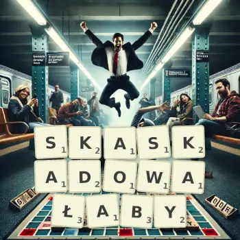 Kreatywna ilustracja do gry w Scrabble ze słowem SKASKADOWAŁABY ułożonym z płytek na planszy.