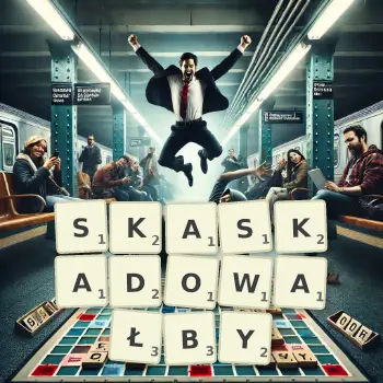 Kreatywna ilustracja do gry w Scrabble ze słowem SKASKADOWAŁBY ułożonym z płytek na planszy.